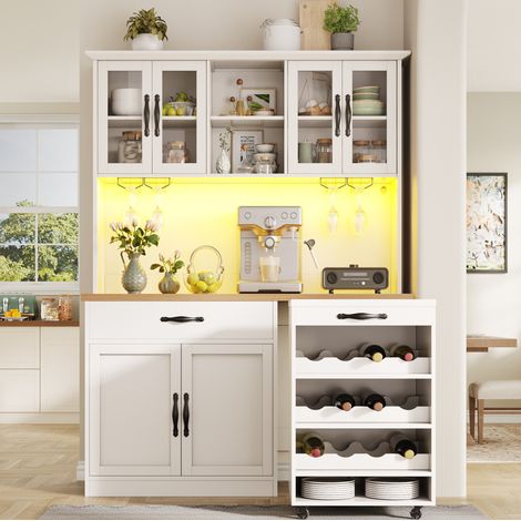 Armoire de cuisine 140x38x180 cm blanche en MDF avec éclairage LED, chariot amovible, rangement à vin et sécurité anti-basculement (1/5)