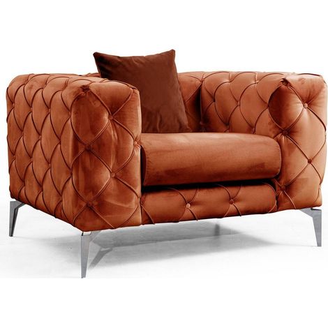 Fauteuil capitonné velours orange et pieds chromés Herakles 108cm (1/5)