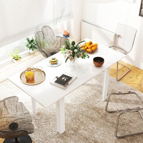 Extendable Dining Table, 120-160 x 70cm Rectangular Kitchen Table for Small Spaces, Seats 4-6 People, High Gloss White