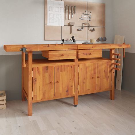 Établi avec tiroirs et étaux, 192 x 62 x 83 cm, bois d'acacia (1/5)