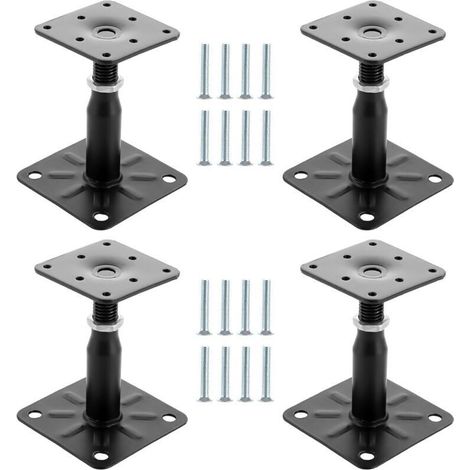 4 x Post Brackets, Height Adjustable, 100 - 150 mm, Galvanised Steel, Black, 75 x 95 mm, Adjustable for Concrete Seal, for Fences, Sheds, Carports, Pergolas