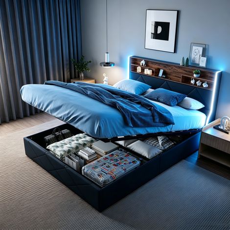 JOOKGBD–Lit Coffre 160x200 cm, Lit Double Rembourré avec Éclairage LED et Charge USB, Tête de Lit avec Rangement, Sommier à Lattes, Lit Adolescent Adulte, PU, Noir