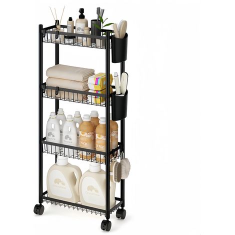 Chariot de Rangement étroit à Roulettes, Chariot Cuisine 4 Niveaux, Métal Desserte à Roulettes, Etagere Rangement pour Cuisine, Salle de Bain, Buanderie et Petits Espaces, Panier Respirant, Noir (1/5)