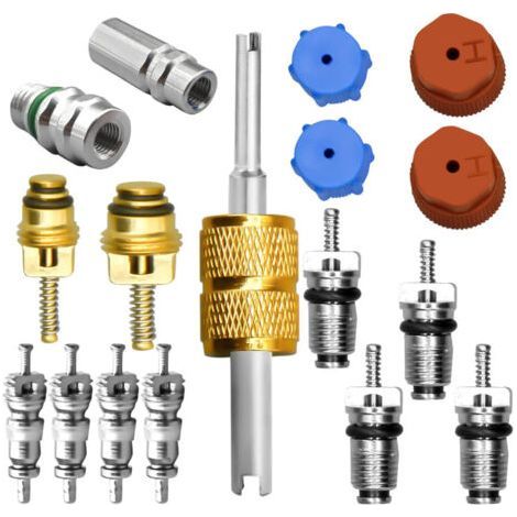 QORVA-Kit de noyau de valve de climatisation, y compris système de réfrigération A/C R134a noyau de valve AC Service Port bouchon d'étanchéité outil de retrait de noyau de valve A/C vannes de service (1/4)