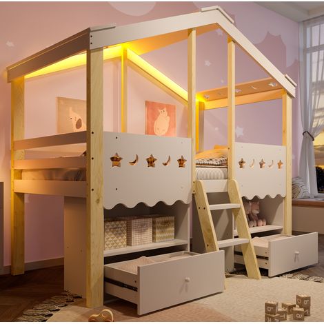 Letto rialzato bambini 90x200 cm a forma di casetta con 2 cassetti e illuminazione LED, senza materasso, naturale e bianco (1/5)