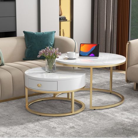 Mesas de centro nido redondas 70x70x48 cm de MDF blanco brillante y metal dorado - MEUBLIV (1/5)