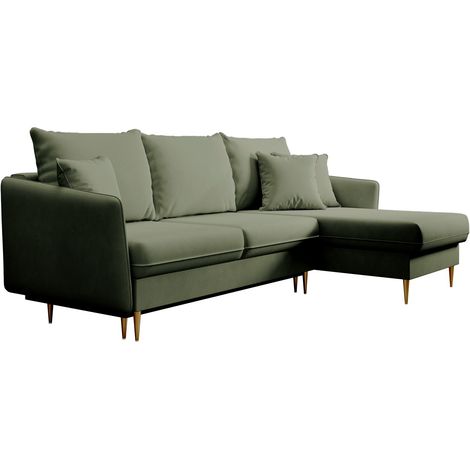 Selsey Volio – Ecksofa mit Schlaffunktion, Samt wasserabweisend, Universal, Füße Gold, Salbeigrün