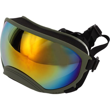 Lunettes de soleil pour chien, coupe-vent et protection UV, en PC/TPU, avec sangle réglable, lunettes pour animaux de compagnie, adaptées au ski en extérieur, monture vert olive, verres rouges. (1/5)