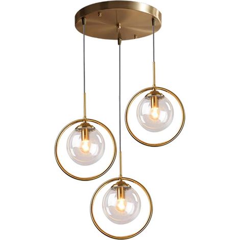 Suspension Lustre Industrielle Vintage, Plafonnier Lampe en Laiton avec Abat-jour en Verre,3 Lumières-Clair (1/5)