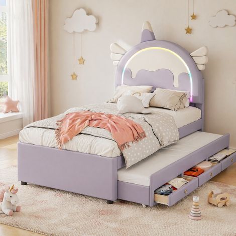 Cama infantil 90x200 cm con forma de unicornio, con cama nido extraíble, PU y MDF, color violeta, ideal para dormitorio juvenil y decoración - CHICFURN (1/5)