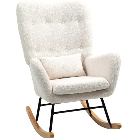 Sillón balancín con reposabrazos, efecto peluche, cojín lumbar, patines de madera, crema HAVRYA (1/5)