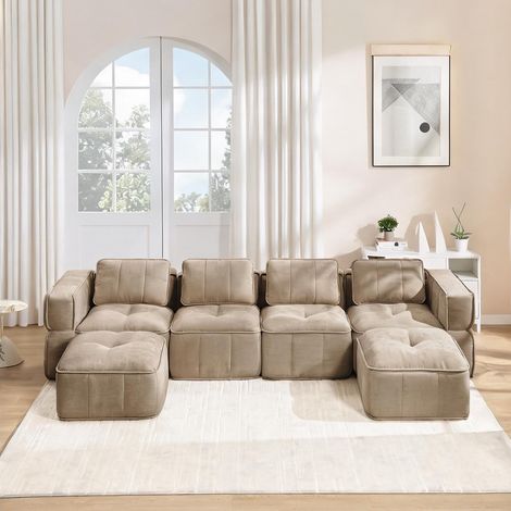 Canapé en U convertible 4 places avec poufs en tissu sable sand (1/5)