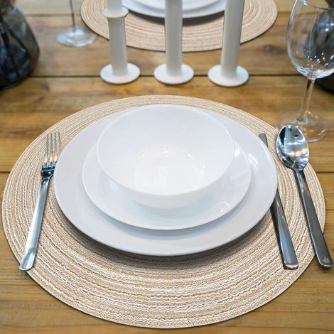 Runde, gewebte Platzsets 38 cm, 6er-Set, wärmeisolierend, rutschfest, aus geflochtener Baumwolle, waschbar und strapazierfähig, perfekt für Zuhause, Partys, Hochzeiten und Restaurants (beige).