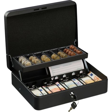Ulisem Abschließbare Geldkassette mit Münzzählwerk und 4 Scheinfächern, Eisenbox, HBT 8,5 x 30,5 x 24,5 cm, Schwarz (1/4)