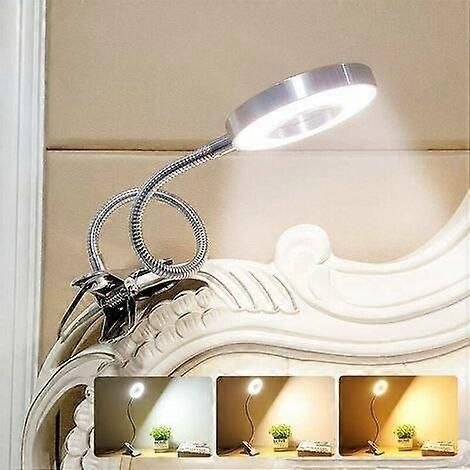 Lampe de bureau 6 W à intensité variable et température de couleur réglable, 3 modes d'éclairage, lampe de chevet USB, lampe à pince, métal argenté, conception à col de cygne (adaptateur inclus) (1/5)