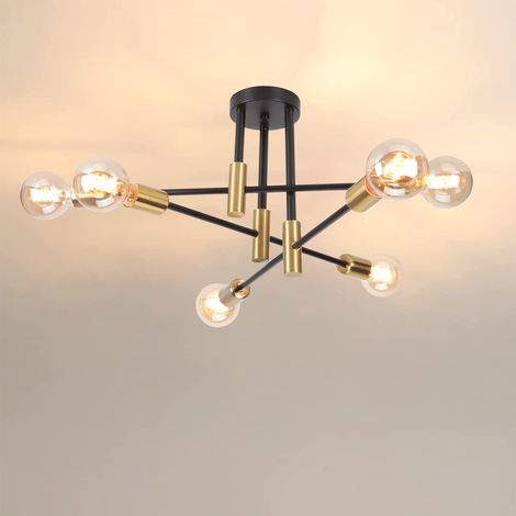 Metal E27 Ceiling Light Modern Industrial Ceiling Lamp 6 Edison Sockets Chandelier Indoor Lighting for Living Room Bedroom Cafe Black and Copper (1/5)