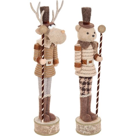 Set di 2 statuette schiaccianoci beige a forma di orso e renna fatte a mano Hamari (1/5)