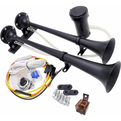 Klaxon de voiture Trompette d'air Corne marine Corne électrique Car Horn Zinc Chrome noir Trompette de camion Haut parleur double tube avec compresseur pour camion bateau etc (1/5)