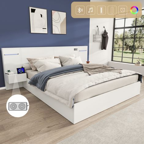 Letto per adulti 180x200 cm con porta USB, orologio elettronico, altoparlante Bluetooth, illuminazione a LED, 2 comodini senza cassetti, senza materasso, bianco (1/5)