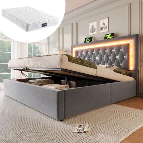 Lit double capitonné en velours 160x200 cm avec bande LED en forme de diamant dans la tête de lit, station de charge USB et Type-C, coffre de lit hydraulique (1/5)