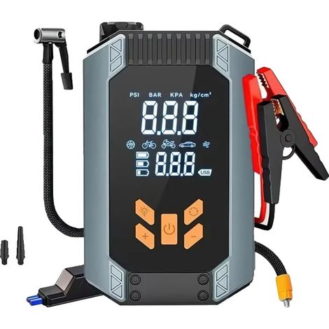 Démarreur de voiture, courant de crête de 1000A, compresseur d'air de 150PSI, banque d'alimentation USB, lampe de poche LED à 3 modes, pinces anti-étincelles (1/5)