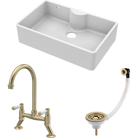 Fireclay Kitchen Bundle - 1 Bowl Butler Sink with Overflow & Ledge, Waste & Lever Tap, 795mm - Brushed Brass