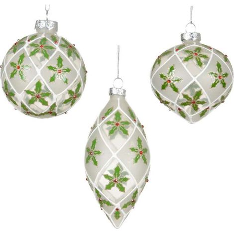 Decoris Sfera di Natale Vetro Trasparente con Decoro Agrifoglio - 8cm