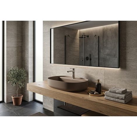 Lavabo ovale da appoggio senza troppo pieno in ceramica con foro rubinetto - Tortora Opaco