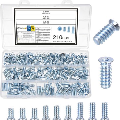 210 Pcs Vis Euro pour Meubles, Vis a Bois a Tête Fraisée Plate pour Armoire Placard, Vis Euro de Fixation à Empreinte Pozidriv pour charnières, Glissière de Tirage, M6,3 x 11 mm/13 mm/16 mm (1/5)