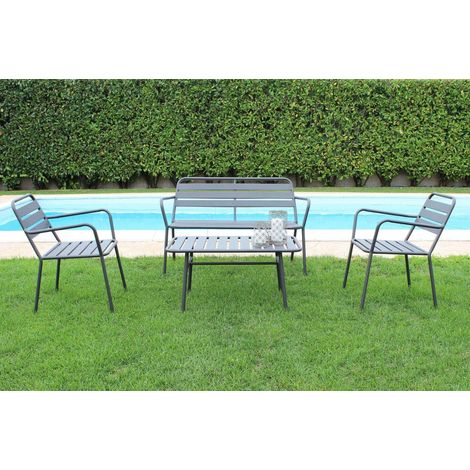 Salotto da esterno giardino 4 posti con struttura e tavolino in acciaio effetto doghe Oxford - Grey (1/4)