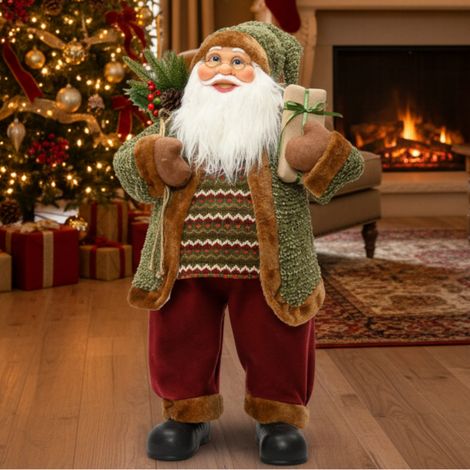 Pupazzetto di Babbo Natale con abito verde, decorazione natalizia da interno -h 60 cm (1/4)