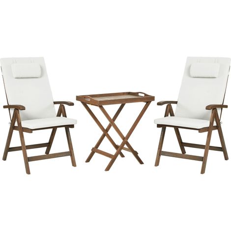Garden Bistro Set Solid Acacia Wood with Off White Cushions Table 2 Chairs Adjustable Backrest Folding Rustic Style Balcony Furniture AMANTEA PREMIUM