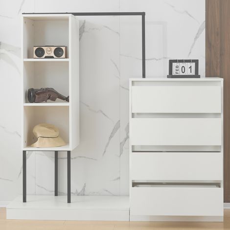 Meuble de rangement blanc avec tiroirs et porte, buffet à penderie, dimensions L 140 x P 40 x H 135 cm, armoire pratique pour chambre ou couloir (1/5)