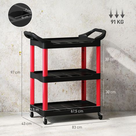 Werkzeugwagen mit 3 Ebenen, seitliche Griffe, Räder, Kunststoff, Rot (1/5)