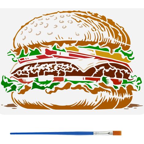 Pochoirs Hamburger avec un Pinceau 29.7x21 cm Pochoirs Peinture Hamburger Réaliste Gabarit Thème Nourriture PET pour Peinture sur Bois Carrelage Sol Mur Tissu Meuble Scrapbook DIY (1/5)
