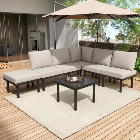Set soggiorno da giardino con divano, tavolo e cuscini, corda intrecciata, gambe regolabili, piano in vetro liscio, beige (1/5)