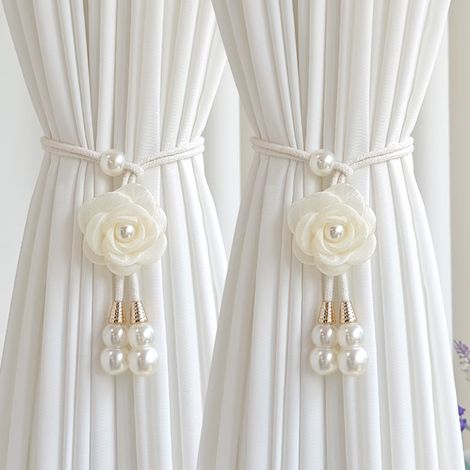 Lot de 2 liens de rideau en fausses roses : cordons de rideau vintage romantiques pour la Saint-Valentin, design floral réaliste, sans perçage, décoration pour chambre et salon, couleur beige (1/5)