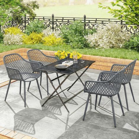 Set di 4 sedie da giardino, in plastica resistente ai raggi UV, con braccioli e schienale, 56 x 51 x 84 cm, grigio scuro.