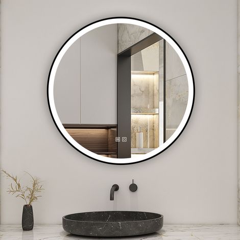 Round Black Frame Bathroom mirror 800x800mm with Dimmable Led Lights,Anti-fog,Memory Function