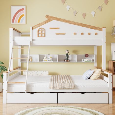 Letti a castello 90x200 cm + 140x200 cm, letti per bambini, letti a soppalco, con finestra, scale, cassetti, pino + MDF, bianco + naturale