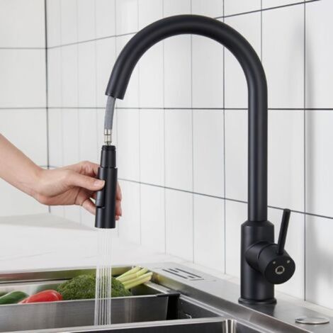 Robinet Cuisine Douchette, Extensible Robinetterie de Cuisine avec 2 Modes de Pulvérisation, Arc Élevé Mitigeur Cuisine avec Douchette, Rotatif à 360°, Installation Facile, Noir