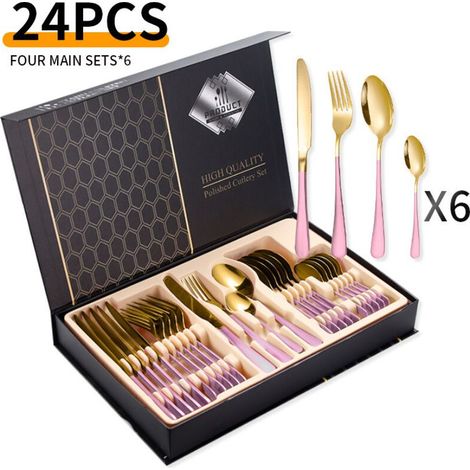 Ménagère 24 pièces en acier inoxydable – pour 6 personnes – acier inoxydable – rose/or