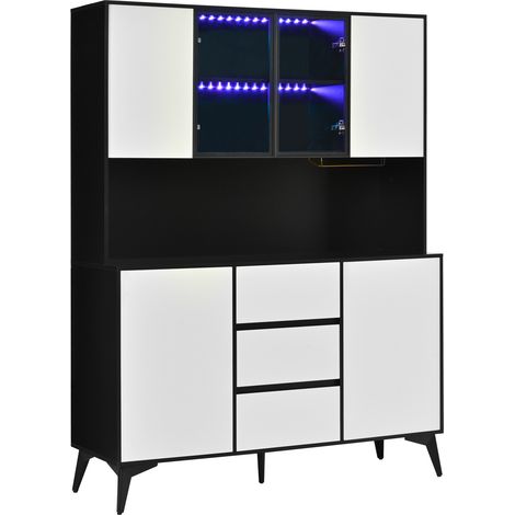 Hochschrank avec vitrine en verre, LED réglable par application, 3 tiroirs et porte-verres dorée – MDF noir et blanc, 120x40x160 cm (1/5)