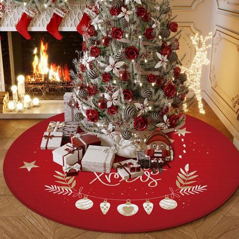 Jupe de Sapin Noël 120cm Couvre Pied Ronde - Tapis avec Motif Flocon de Neige et Éléments Classiques pour Décorations d'Arbre, F (1/4)