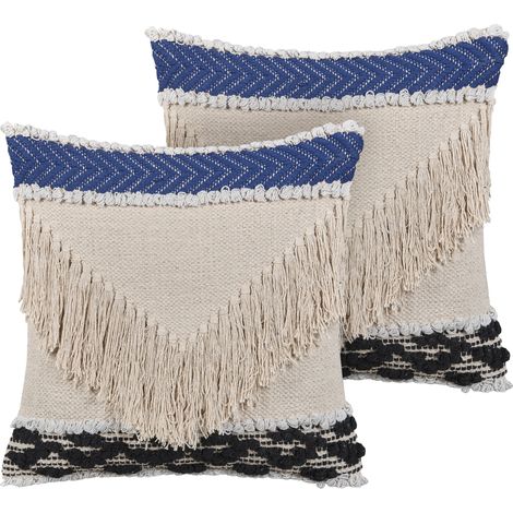 Conjunto de 2 cojines decorativos beige algodón 45 x 45 cm funda de cojín flecos texturizados relleno de poliéster Sofca