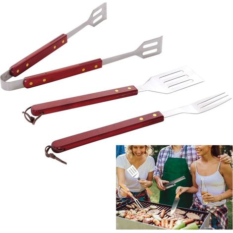 Set Attrezzi Accessori Barbecue Bbq 3 Pz Manico Legno Spatola Pinza Forchettone (1/7)