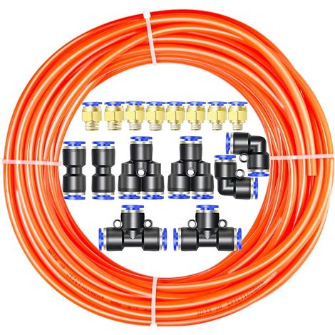 Kit de tuyau à air en polyuréthane PU, 10M de tuyau à air PU orange, 6 mm OD x 4 mm ID avec 16 raccords