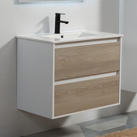 Rue Du Bain – Meuble salle de bain suspendu 80cm – 2 tiroirs soft close – Vasque céramique blanche avec trop plein – Chêne gris et blanc (1/5)