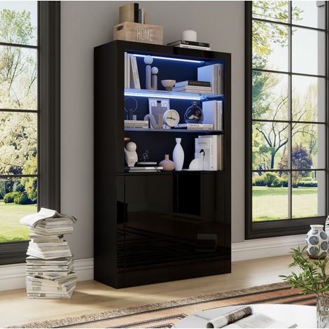 Vitrine 100x35x170 cm en MDF et verre, noire, LED, moderne pour salon FLORAGRACE (1/5)
