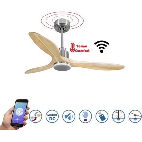 Tenerife- Super destratificateur et ventilateur DC 132 cm  Chrome avec lumière pales bois clair 25 à 35 m²
